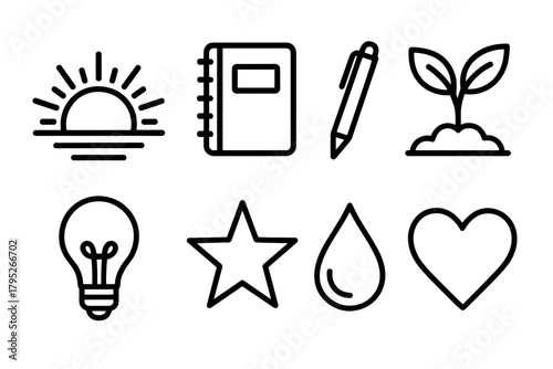 Symbolic Growth Icons. Fresh Growth Journey outline icon set: sunrise, notebook, pen, leaf sprout, lightbulb, star, water drop, heart.