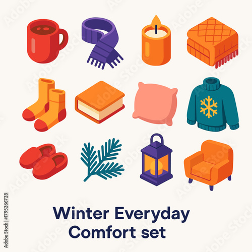 Cozy Winter Essentials. Winter Everyday Comfort modern flat icon set: mug of cocoa, wool scarf, candle, knit blanket, cozy socks, book, soft pillow, sweater, slippers, pine branch,