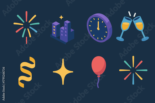 Vibrant New Year Icons. New Year Night Sky modern flat icon set: fireworks bloom, city horizon, clock at midnight, clinking glasses, ribbon, sparkle, balloon, starburst.