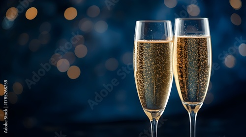 Two elegant champagne flutes filled with bubbly golden champagne stand against a dark blue background with soft bokeh lights creating a festive atmosphere