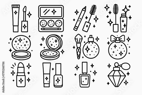 Festive Beauty Essentials. Holiday Glamour outline icon set: red gloss tube, silver shimmer palette, festive eyeliner, golden mascara wand, sparkling blush, glitter compact mirror,