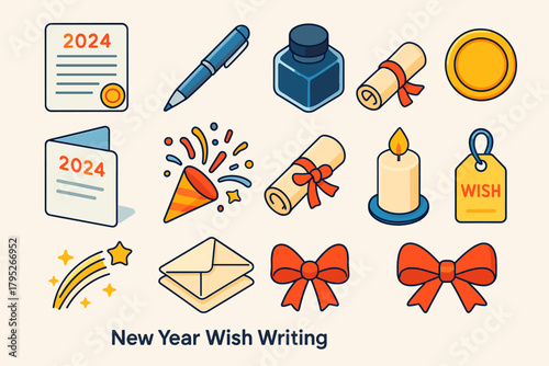 Festive Wish Icons. New Year Wish Writing modern flat icon set: letter paper, metallic pen, glass ink bottle, golden wax seal, folded card, confetti burst, ribbon-tied wish,
