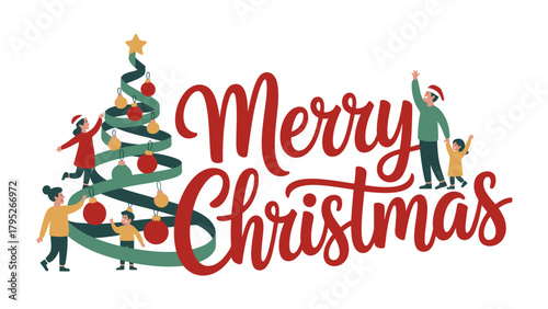 Festive Christmas Celebration: A joyful Christmas scene, featuring a stylized tree and family members, embodies the spirit of the holiday, spreading cheer and festive warmth.