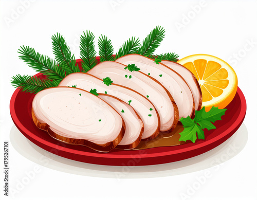 A red oval plate with several slices of roasted pork tenderloin with glaze and a orange slice at christmas. Ai