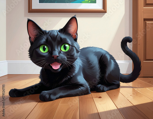 Black cat lying on a wooden floor with its tongue sticking out and bright green eyes. Ai