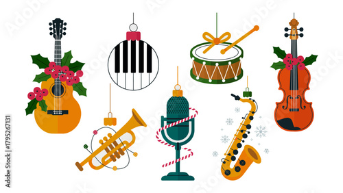 Musical Ornament Collection: A charming assembly of festive musical instrument ornaments, each ready to add a harmonious note to holiday celebrations. The cheerful arrangement of acoustic guitar.