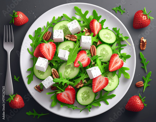 Cartoon of a salad with arugula leaves, sliced cucumber, pecans, and blue cheese. Ai