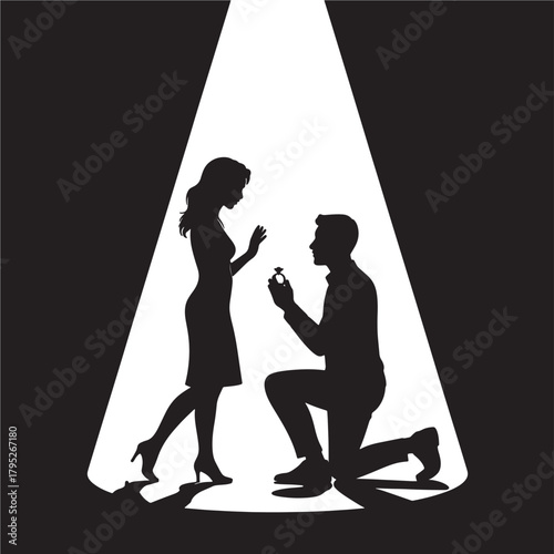 Man proposes to woman with diamond ring, a romantic silhouette moment under a spotlight, capturing a cherished life event.