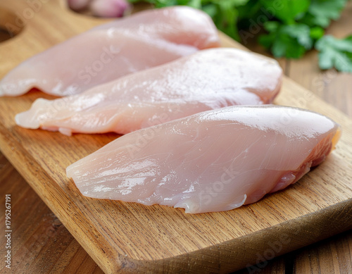Three raw chicken breasts placed on a wooden cutting board. Ai