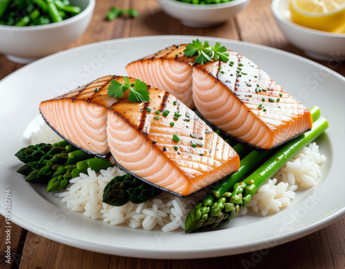 Salmon fillet cartoon on a bed of white rice and asparagus. Ai