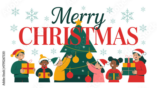 A Heartwarming Christmas: Children gather to decorate a Christmas tree, filled with anticipation and joy for the holiday season. The festive scene shows the beauty of togetherness.