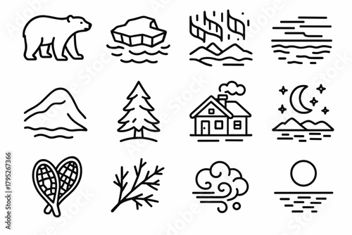 Arctic Icons Night. Arctic Serenity outline icon set: polar bear, ice floe, aurora lights, frozen lake, snowdrift, pine tree, cabin, starry night, snowshoe, frozen branch, frosty