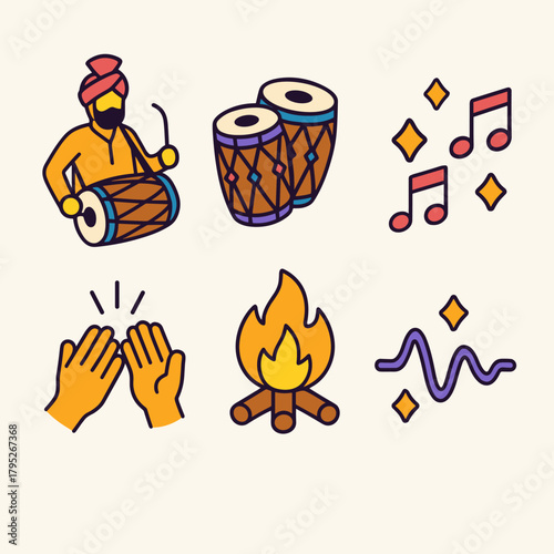 Lohri Festival Icons. Lohri Rhythmic Celebration modern flat icon set: dhol player, drum pair, beat symbols, fire sparks, hand clap, musical energy.