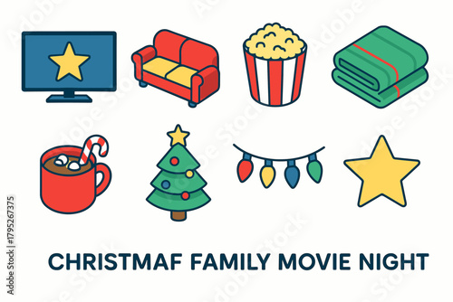 Cozy Christmas Icons. Christmas Family Movie Night modern flat icon set: TV screen, couch, popcorn bowl, blanket, hot cocoa mug, Christmas tree, string lights, star.