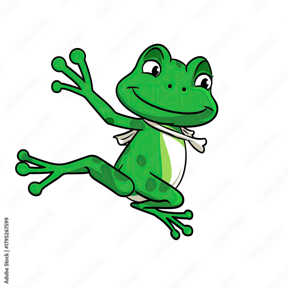 Naklejka premium Green Cartoon Frog Mascot Waving Hello With A Smile On A Transparent Background, Playful Character Design With Cute Eyes And Spots