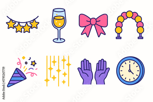 Festive Celebration Icons. New Year Festive Setup modern flat icon set: star garland, champagne glass, bow ribbon, balloon arch, confetti popper, glitter curtain, helping hands,