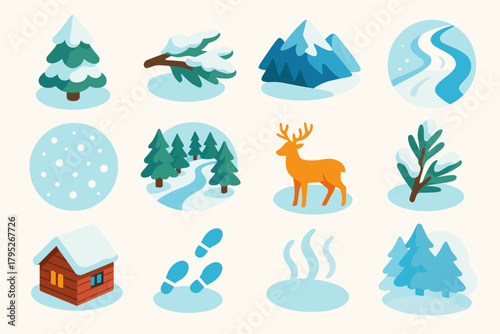 Winter Wonderland Icons. Snow-Covered Trees modern flat icon set: pine tree, snowy branch, mountain backdrop, frozen path, falling snow, forest trail, deer silhouette, frosted