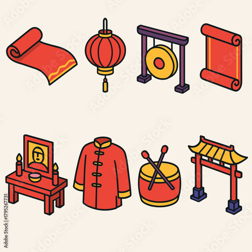 Chinese New Year Icons. Chinese New Year Ancient Customs modern flat icon set: silk fabric, paper lantern, gong, red scroll, ancestral altar, traditional costume, drumsticks,