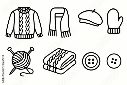 Knitwear Icons Ensemble. Soft Knit Elegance outline icon set: cable knit sweater, wool scarf, beret, mittens, yarn ball, knitting needles, folded blanket, button.