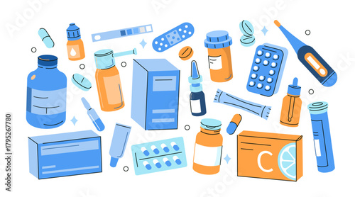 Pharmacy vector illustration set. Collection of pills, capsules, bottles, powder, medical products, supplement packages and other pharmaceutical elements.
