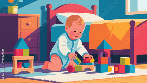 Illustration Of A Small Child Playing In A Room Vector Design Template