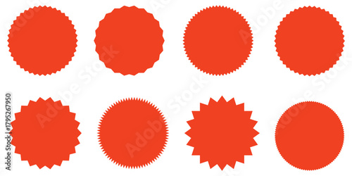 Sale sticker, price tag, starburst icon set, Set of red starburst. Price sticker, sale sticker, price tag, starburst, quality mark, retro stars, sale. Circle sticker set. Wavy edge promo red badges