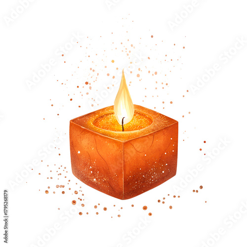 A lit candle in a cube isolated on a transparent background