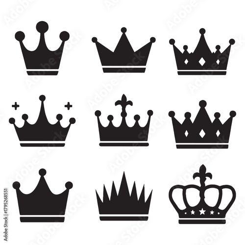 Collection of nine distinct royal crowns and regal symbols showcasing power, authority, and leadership in elegant black silhouette designs for diverse applications