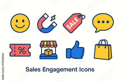 Sales Engagement Icons. Sales Engagement Icons modern flat icon set: smiling customer, magnet pull, sale label, chat bubble, coupon ticket, product showcase, like icon, shopping