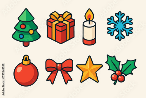 Festive Holiday Icons. Christmas Holiday Spirit modern flat icon set: Christmas tree, gift box, candle flame, snowflake, ornament, ribbon, star, holly sprig.