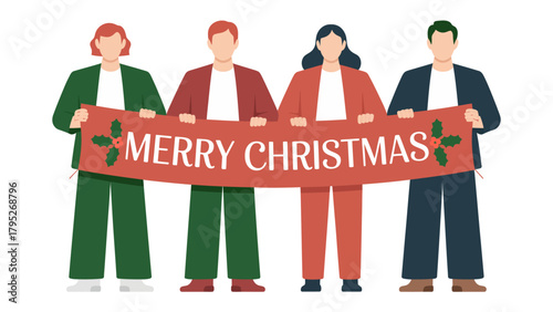 Joyful Holiday Greetings: A diverse group of people join hands, holding a banner displaying MERRY CHRISTMAS, embodying the joyous spirit of togetherness during the festive season.