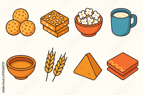 Lohri Festive Icons. Lohri Harvest Delicacies modern flat icon set: til laddoo, peanut brittle, popcorn, warm milk, earthen bowl, wheat stalks, jaggery, festive cloth.