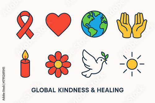 Global Kindness Icons. Global Kindness & Healing modern flat icon set: red ribbon, heart, globe, open hands, candle flame, flower, peace dove, light glow.