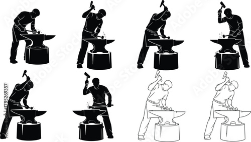 Blacksmith silhouettes, forging sequence, hammer striking metal, anvil work, sparks flying, metalworking process, industrial craft, workshop scene, series, vector set
