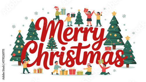 Christmas Cheer: A vibrant illustration of children joyfully celebrating Christmas, surrounded by gifts, and decorated trees, embodying the festive spirit of the season.
