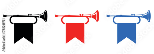 Bold trumpet icons in black, red, and blue with striking banners, perfect for announcing events or achievements with fanfare.