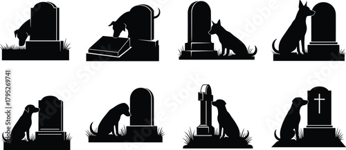 Dog, mourning, cemetery, silhouettes, dogs, gravestones, pet, memorial, loyalty, loss, remembrance, tombstone, funeral, sympathy, vigil, loyal, companion, black, white, illustration