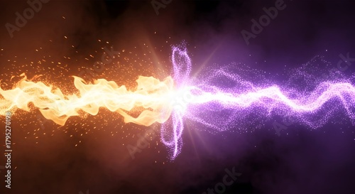 Abstract clash of opposing forces, represented by fiery orange energy and glowing purple particles colliding in a dramatic, luminous explosion against a dark, smoky background