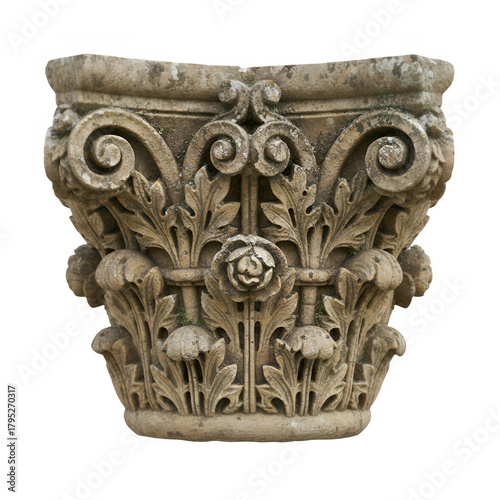 Ancient corinthian capital with acanthus leaves and floral motifs isolated 