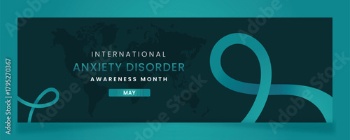 International Anxiety Disorder Awareness Month in May: Teal Ribbon Banner with World Map on a Dark Teal Background