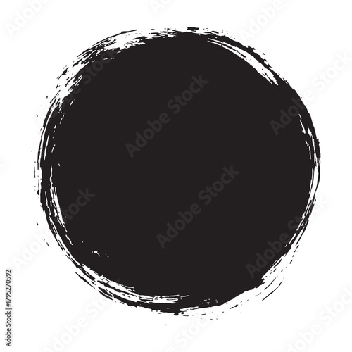 Bold, abstract black ink circle with a rough, artistic brushstroke texture creating a modern, dynamic graphic element for design.