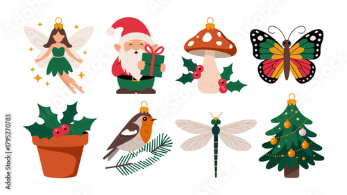 Festive Ornament Array: A whimsical collection of ornaments, showcasing holiday cheer with a fairy, gnome, mushroom, butterfly, holly plant, bird, dragonfly, and Christmas tree.