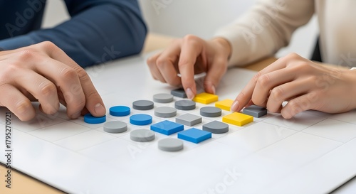 Close-up of hands strategically moving colorful game pieces on a white board, representing analytical thinking, collaboration, and problem-solving activity