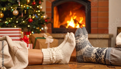 Cozy Christmas scene with couple's feet by a warm fireplace and decorated tree