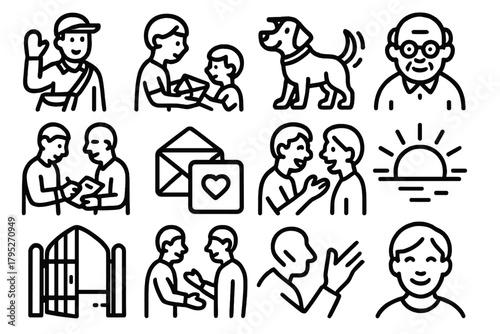 Community Icons. Friendly Encounters outline icon set: carrier greeting neighbor, child receiving letter, dog wagging tail, elderly person smiling, signed delivery, thank-you note,