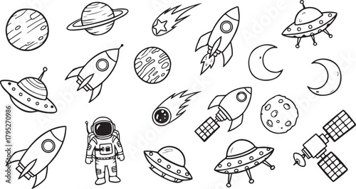 Hand-drawn space doodle set featuring rockets, planets, UFOs, astronaut, satellites, comets, moons, and galaxy elements in black and white line art