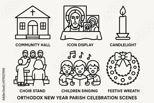 Orthodox Celebration Icons. Orthodox New Year Parish Celebration outline icon set: community hall, icon display, candlelight, choir stand, children singing, festive wreath.