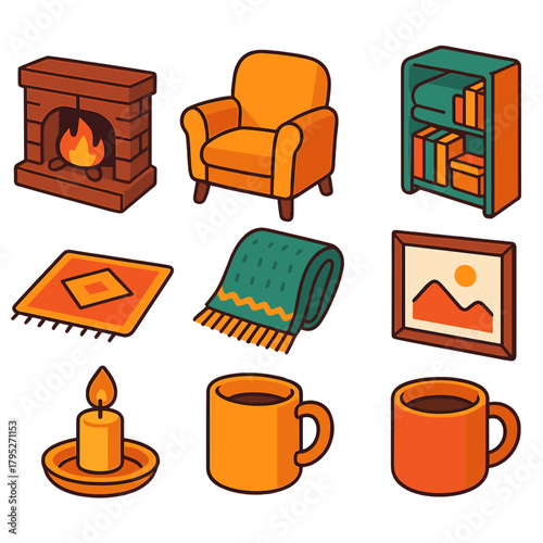 Cozy Living Room Icons. Warm Living Room Scene modern flat icon set: crackling fireplace, soft armchair, knitted blanket, bookshelf, rug pattern, candlelight, framed art, coffee