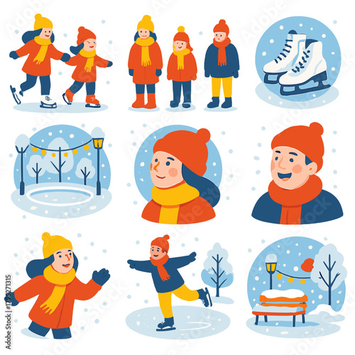 Winter Skating Icons. Outdoor Rink Fun modern flat icon set: family skating, bundled outfits, snowy park, warm lights, skates laced, rosy cheeks, cozy scarves, laughter on ice,