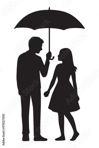 Caring man shields woman with umbrella symbolizing protection, partnership, and shared moments during uncertain times.